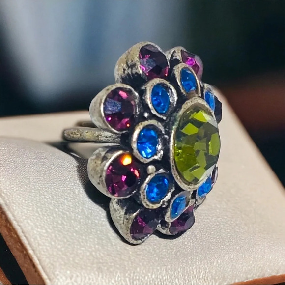 Vintage Blue Purple Green Rhinestone Silver Tone Brooch - Picture 3 of 7